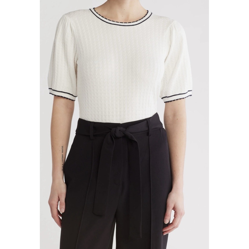 Adrianna Papell Ladylike Scalloped Edge Short Sleeve Sweater Large White/Black